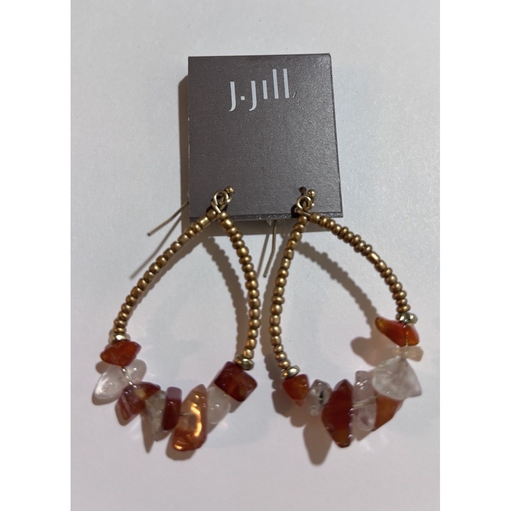 J.Jill Beaded Teardrop Hoop Dangle Earrings Gold Tone Orange Stone Chips NWT $29